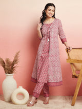 White & Pink Floral Print Kurta With Pant - Elganza