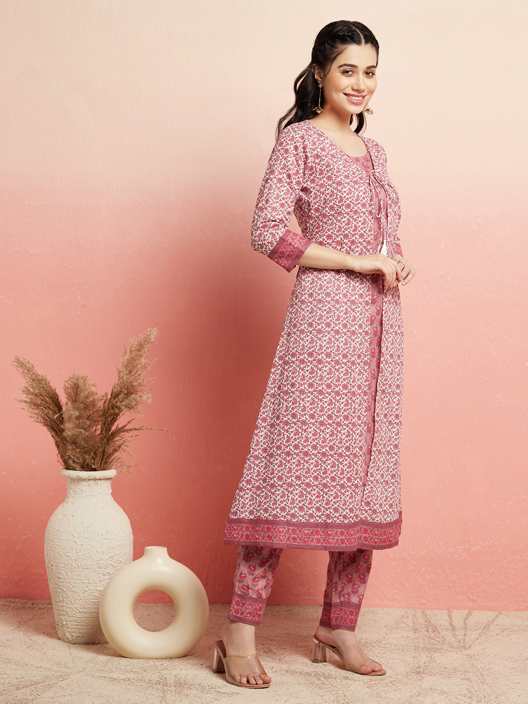 White & Pink Floral Print Kurta With Pant - Elganza
