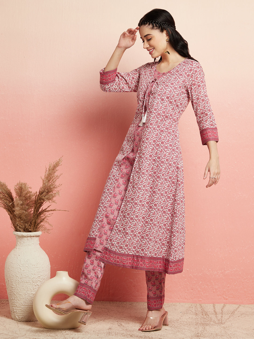 White & Pink Floral Print Kurta With Pant - Elganza
