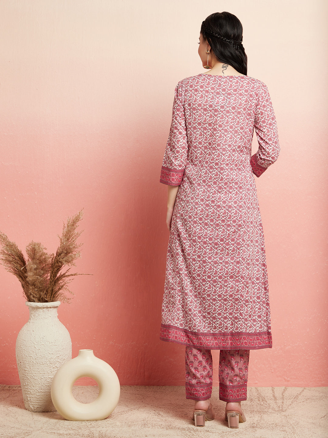 White & Pink Floral Print Kurta With Pant - Elganza