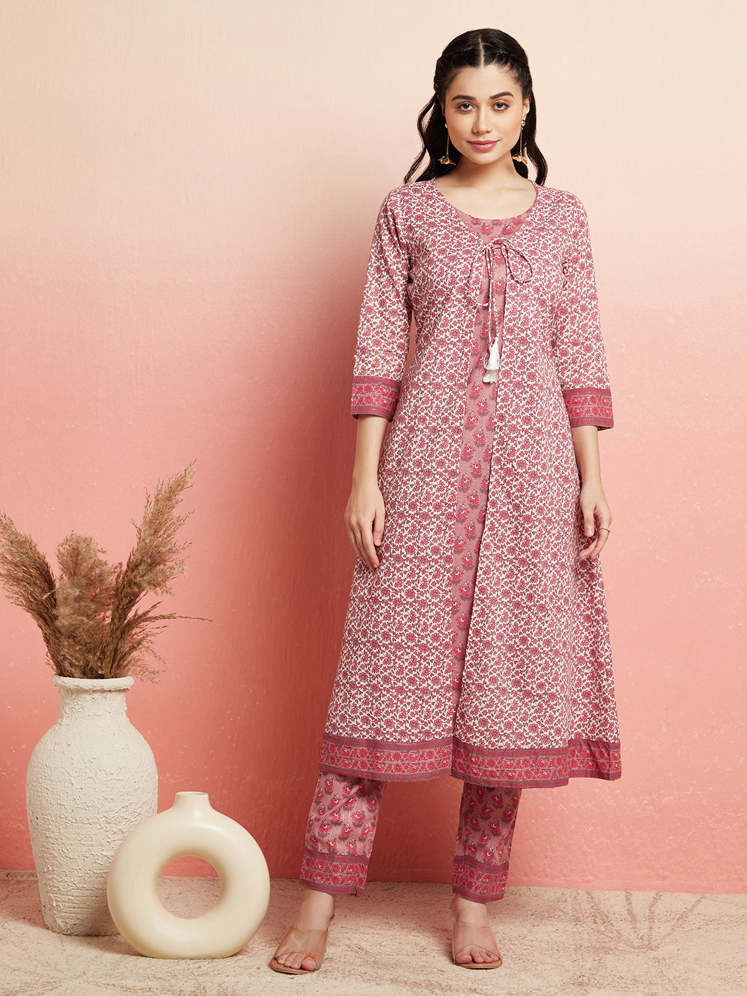 White & Pink Floral Print Kurta With Pant - Elganza