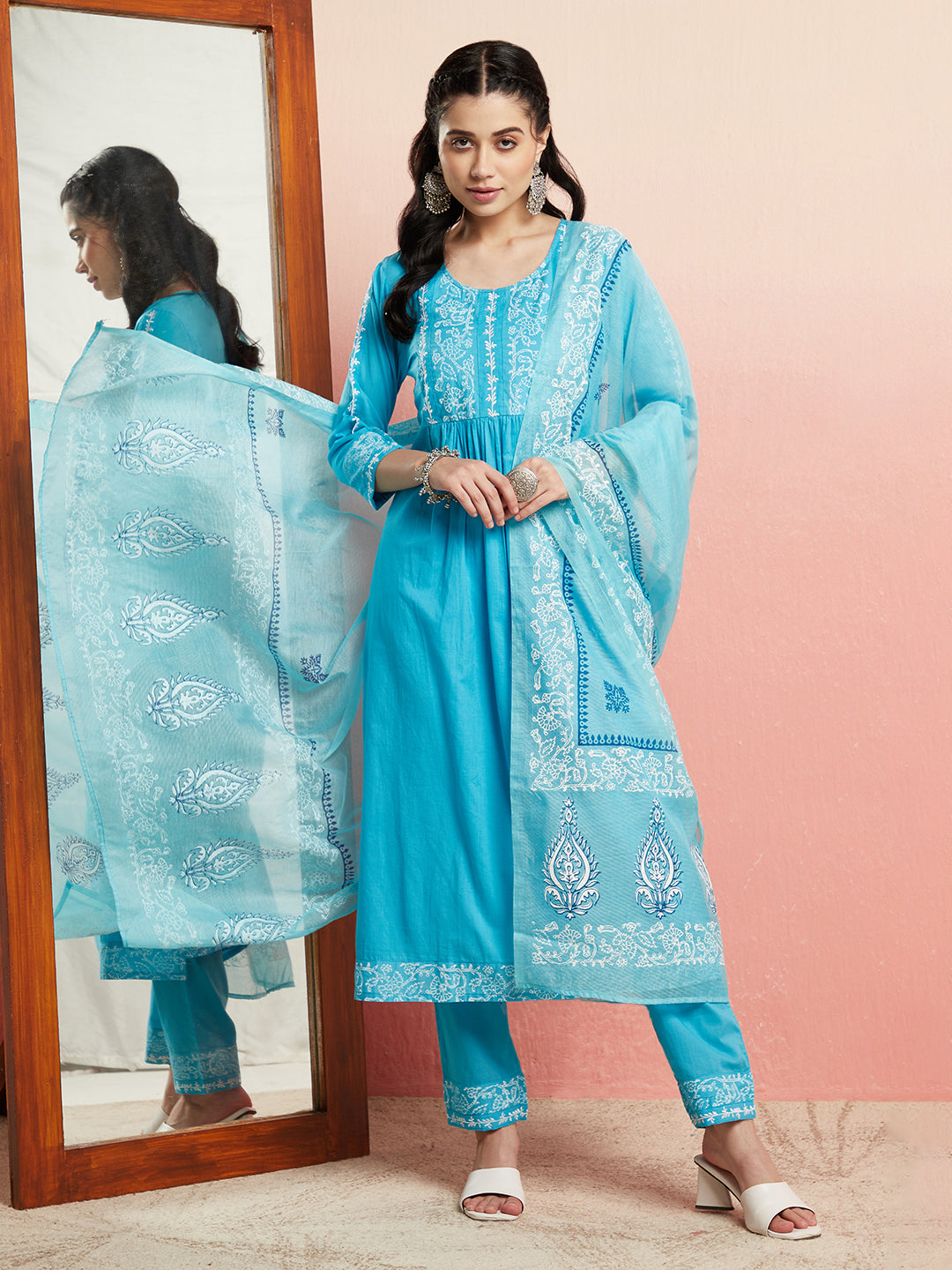 Turquoise Blue Block Print Gathered Kurta Pant With Dupatta - Elganza