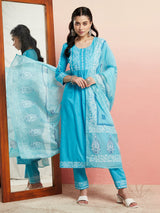 Turquoise Blue Block Print Gathered Kurta Pant With Dupatta - Elganza
