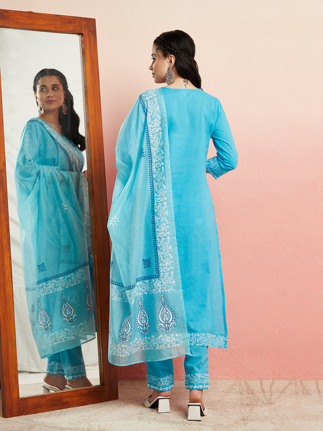 Turquoise Blue Block Print Gathered Kurta Pant With Dupatta - Elganza