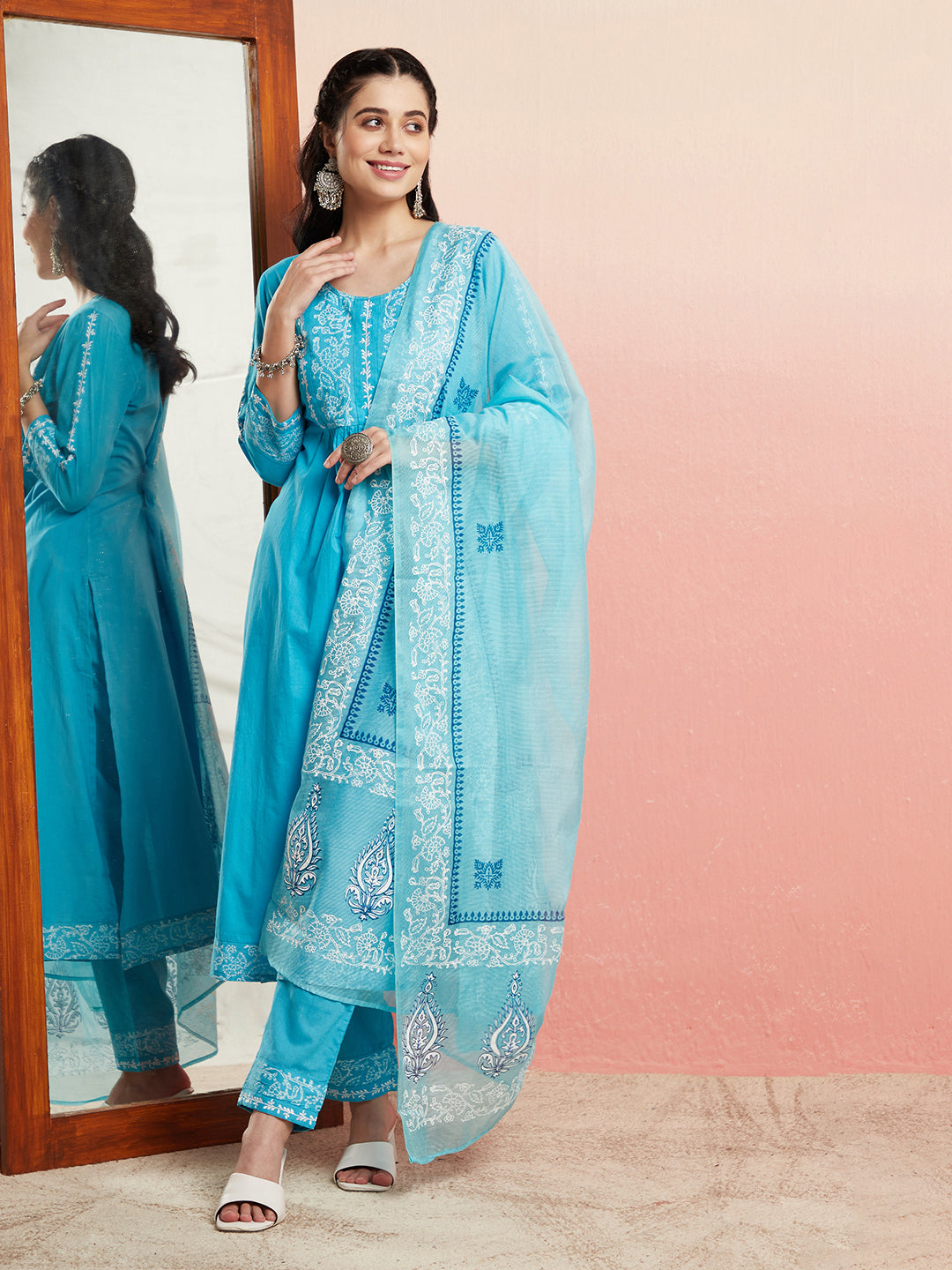 Turquoise Blue Block Print Gathered Kurta Pant With Dupatta - Elganza