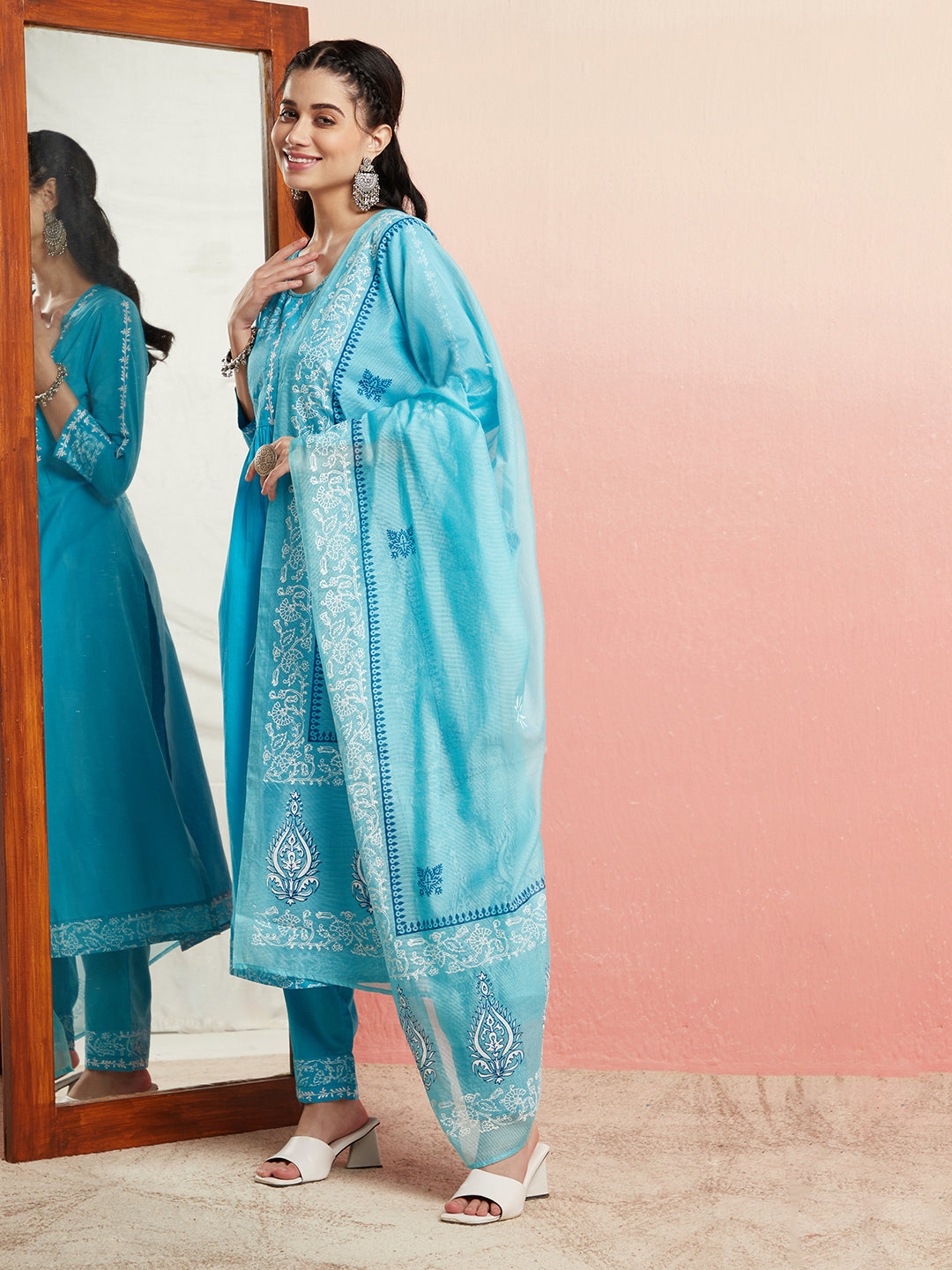 Turquoise Blue Block Print Gathered Kurta Pant With Dupatta - Elganza