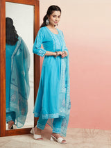 Turquoise Blue Block Print Gathered Kurta Pant With Dupatta - Elganza