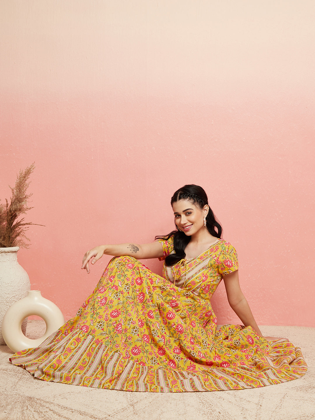 Yellow Floral Print Tiered Maxi Dress - Elganza