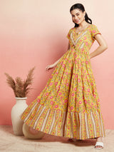 Yellow Floral Print Tiered Maxi Dress - Elganza