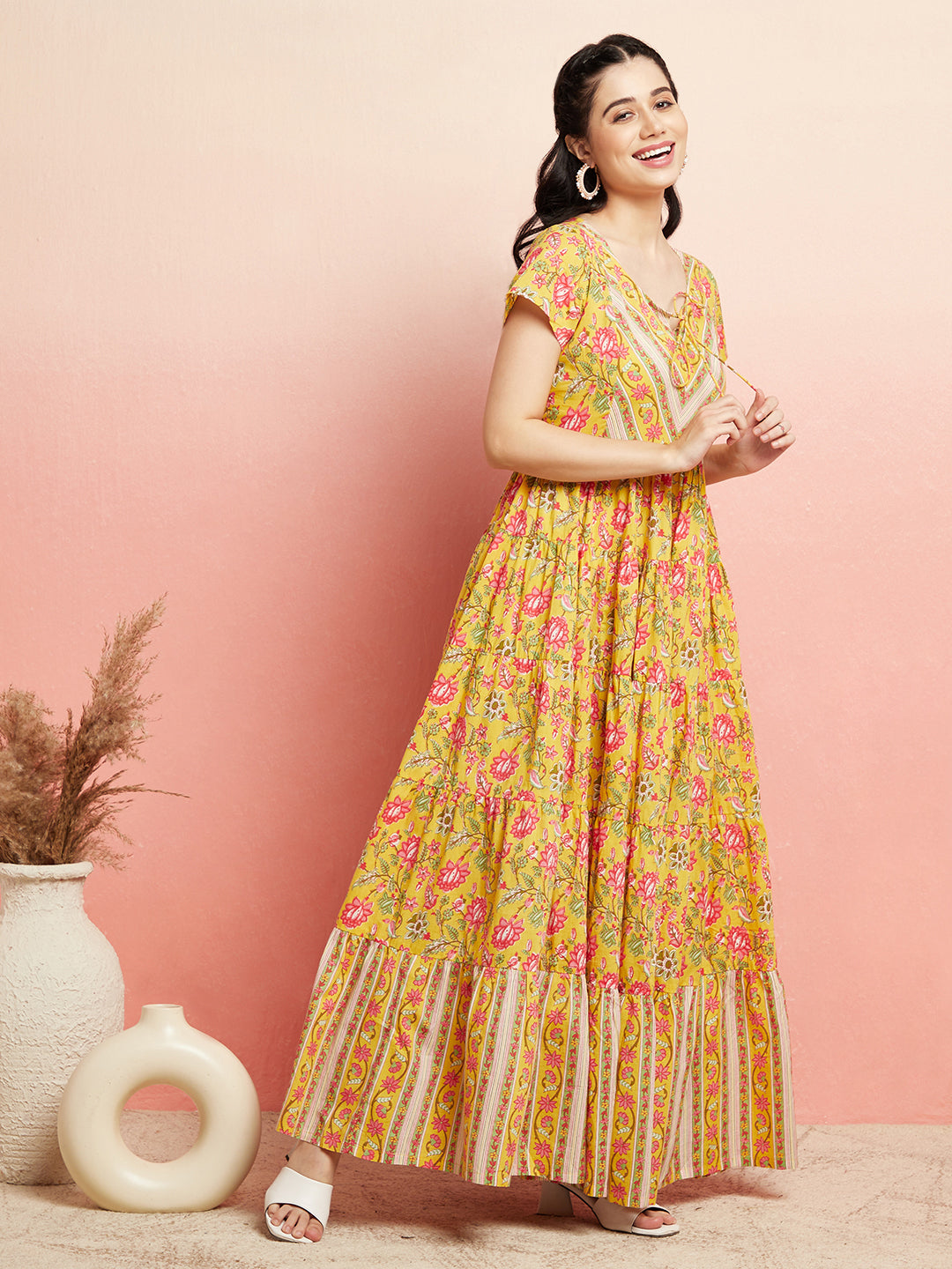 Yellow Floral Print Tiered Maxi Dress - Elganza