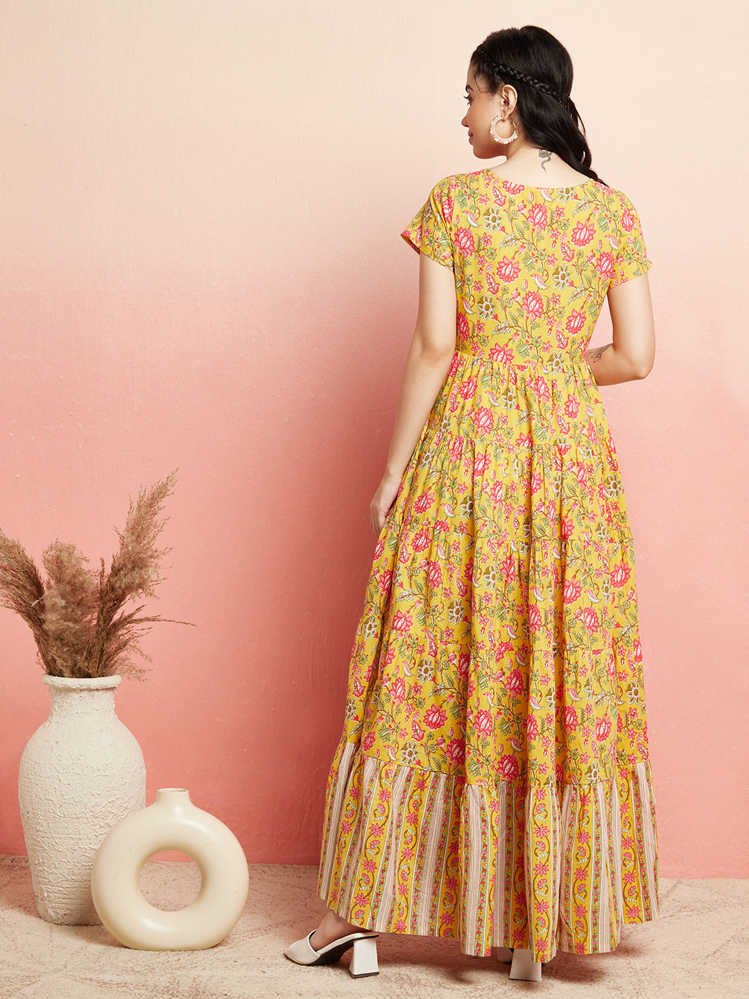 Yellow Floral Print Tiered Maxi Dress - Elganza