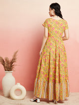 Yellow Floral Print Tiered Maxi Dress - Elganza