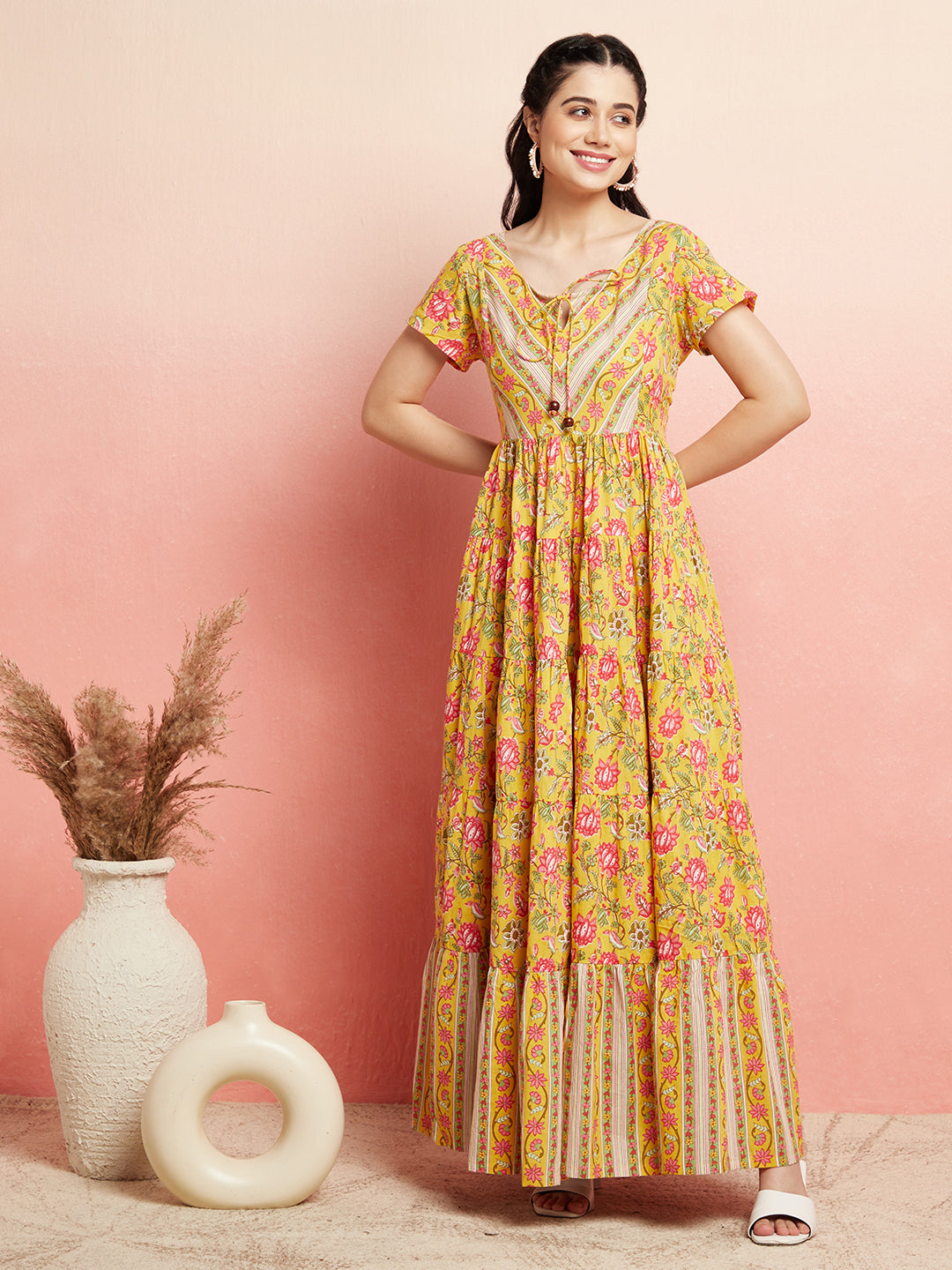 Yellow Floral Print Tiered Maxi Dress - Elganza