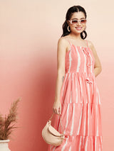 Peach Striped Tiered Midi Dress - Elganza