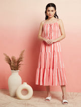 Peach Striped Tiered Midi Dress - Elganza