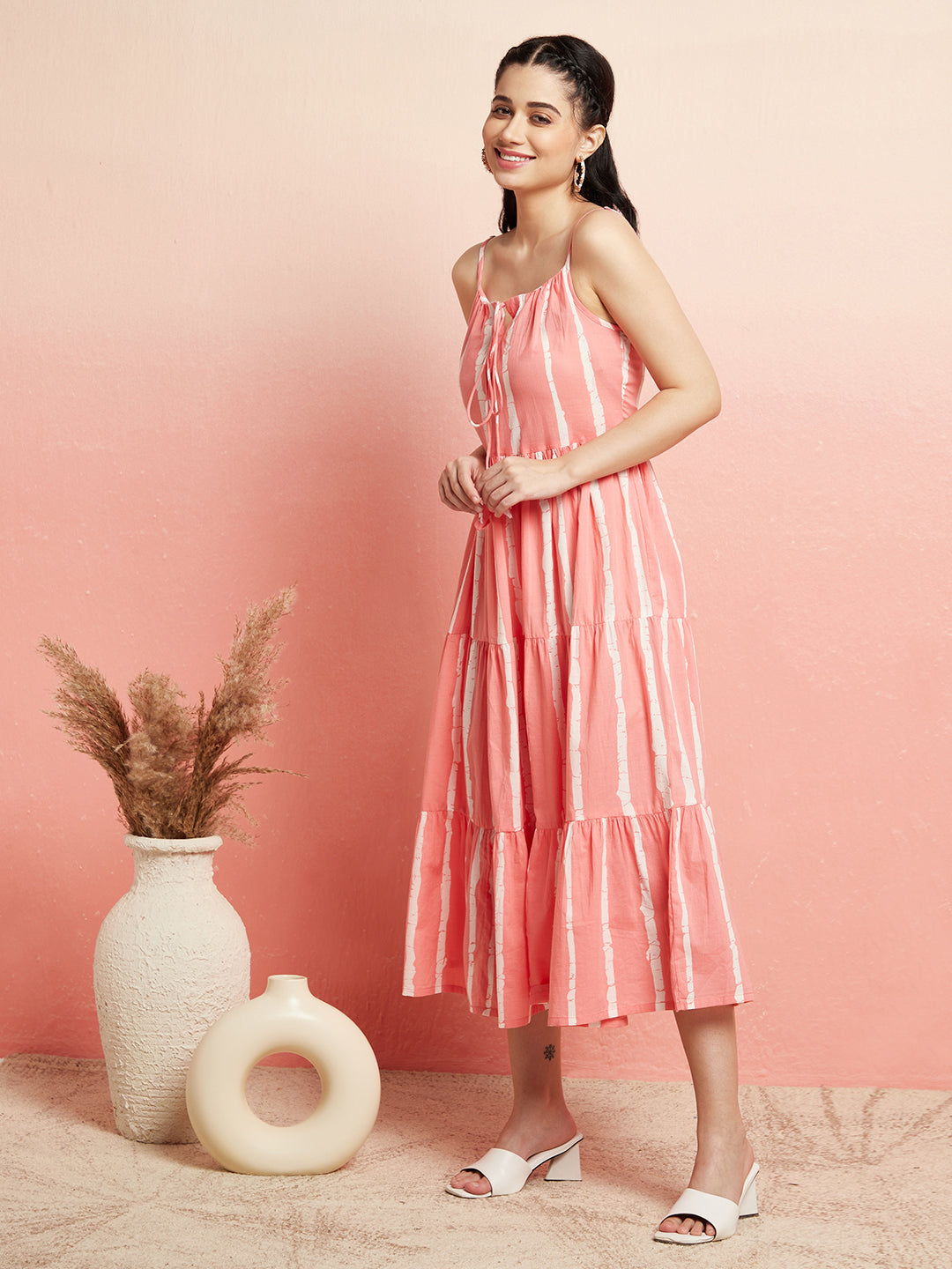 Peach Striped Tiered Midi Dress - Elganza