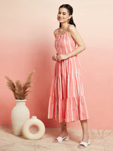 Peach Striped Tiered Midi Dress - Elganza