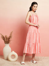 Peach Striped Tiered Midi Dress - Elganza