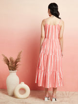 Peach Striped Tiered Midi Dress - Elganza
