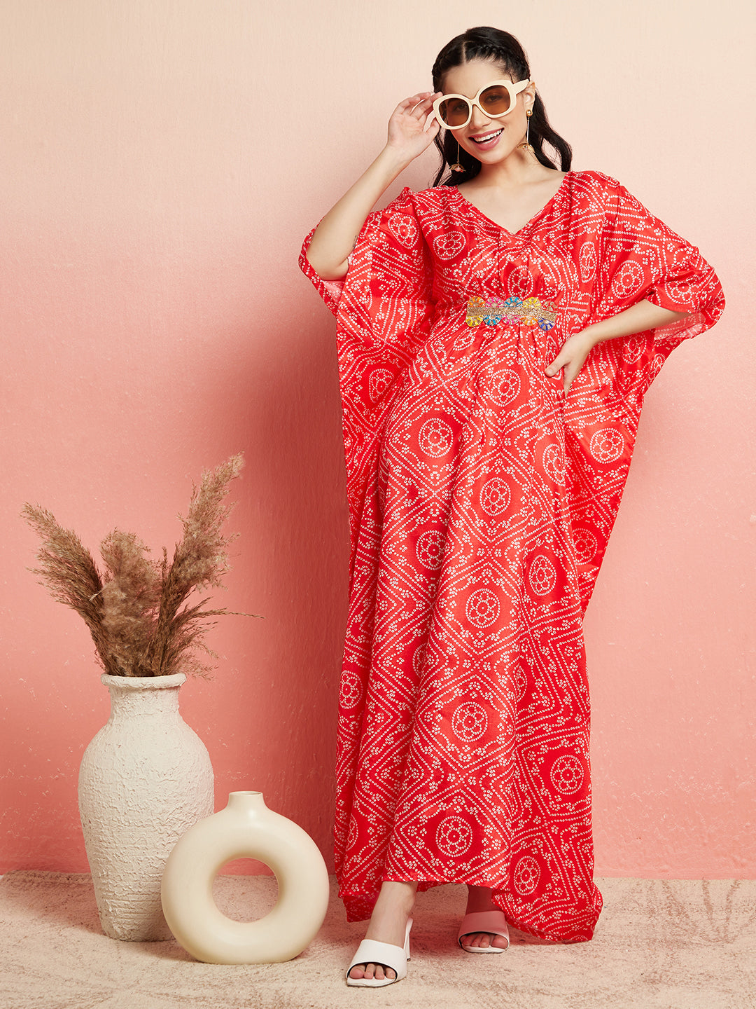 Red Bandhani Print Kaftan Dress With Lace Details - Elganza