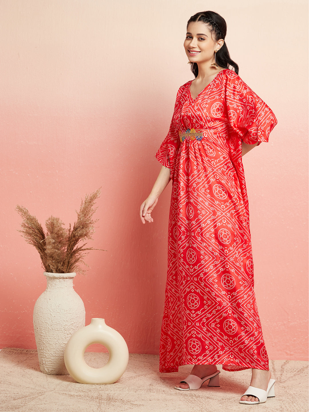 Red Bandhani Print Kaftan Dress With Lace Details - Elganza