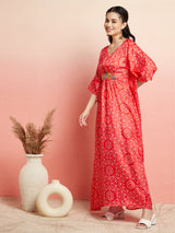 Red Bandhani Print Kaftan Dress With Lace Details - Elganza