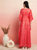 Red Bandhani Print Kaftan Dress With Lace Details - Elganza