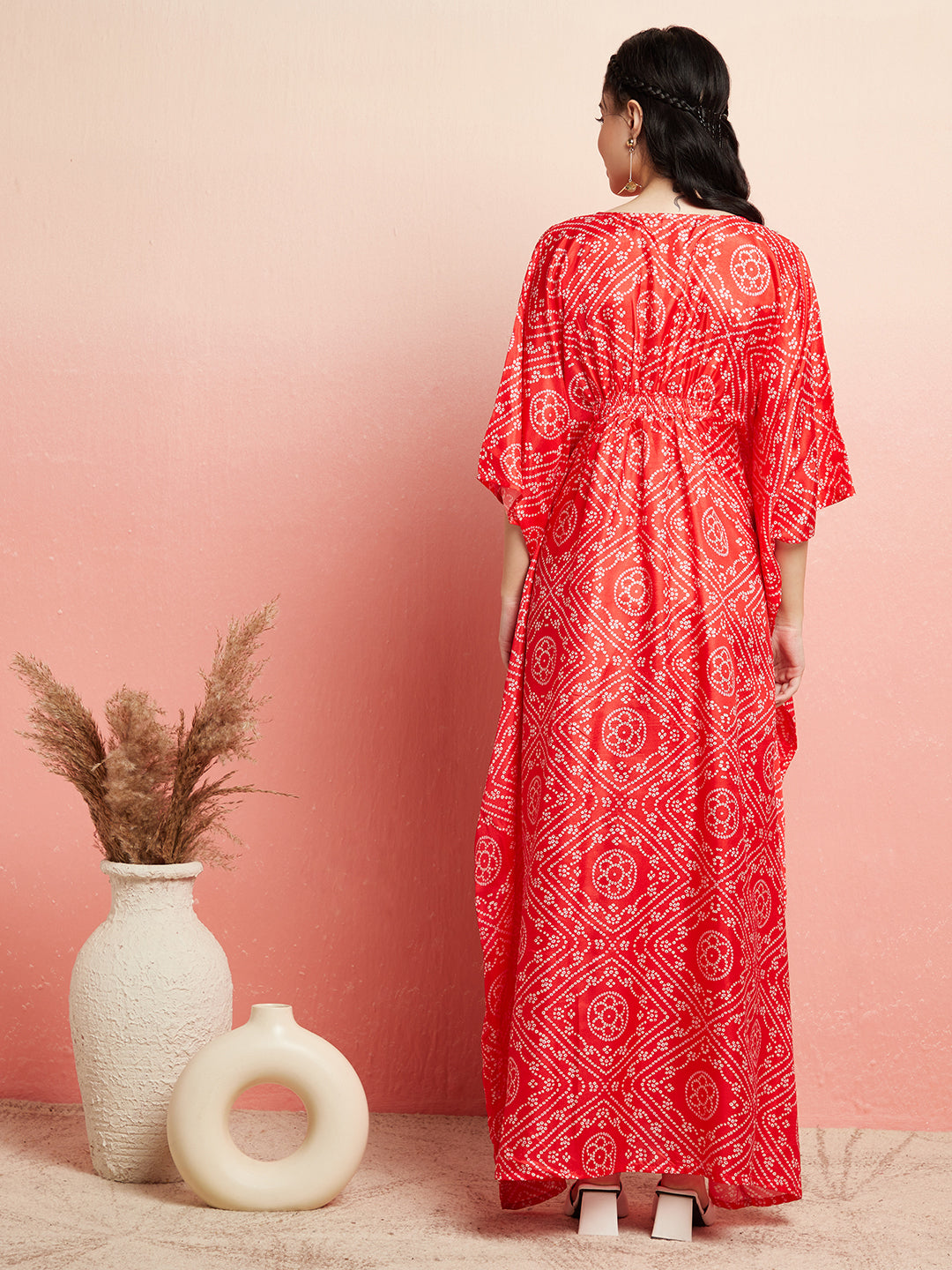 Red Bandhani Print Kaftan Dress With Lace Details - Elganza