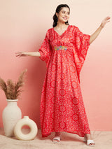 Red Bandhani Print Kaftan Dress With Lace Details - Elganza
