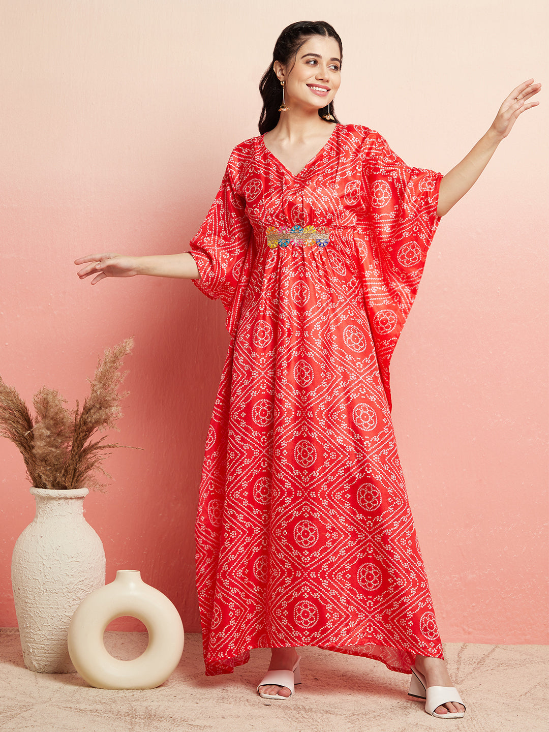 Red Bandhani Print Kaftan Dress With Lace Details - Elganza