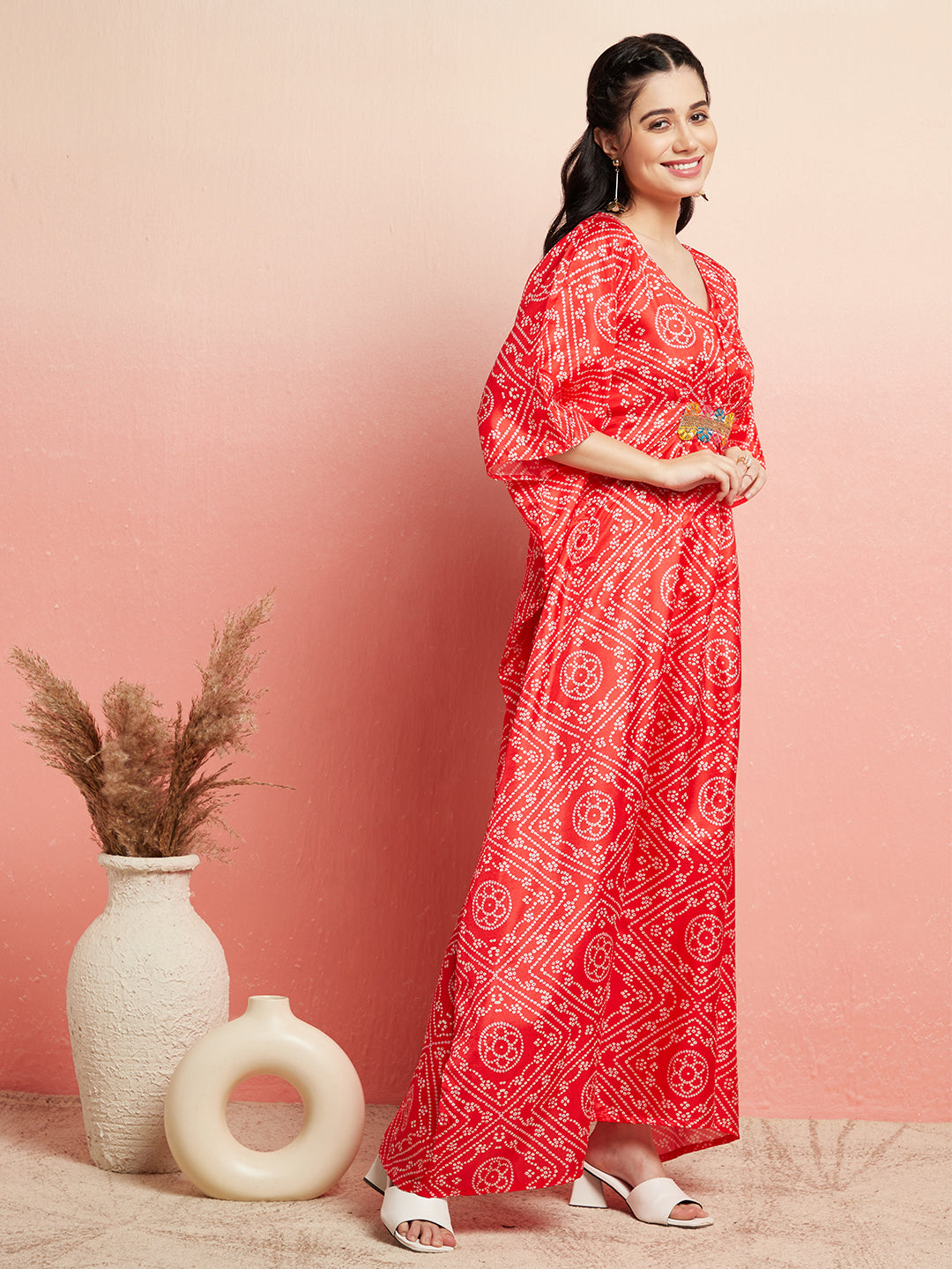 Red Bandhani Print Kaftan Dress With Lace Details - Elganza