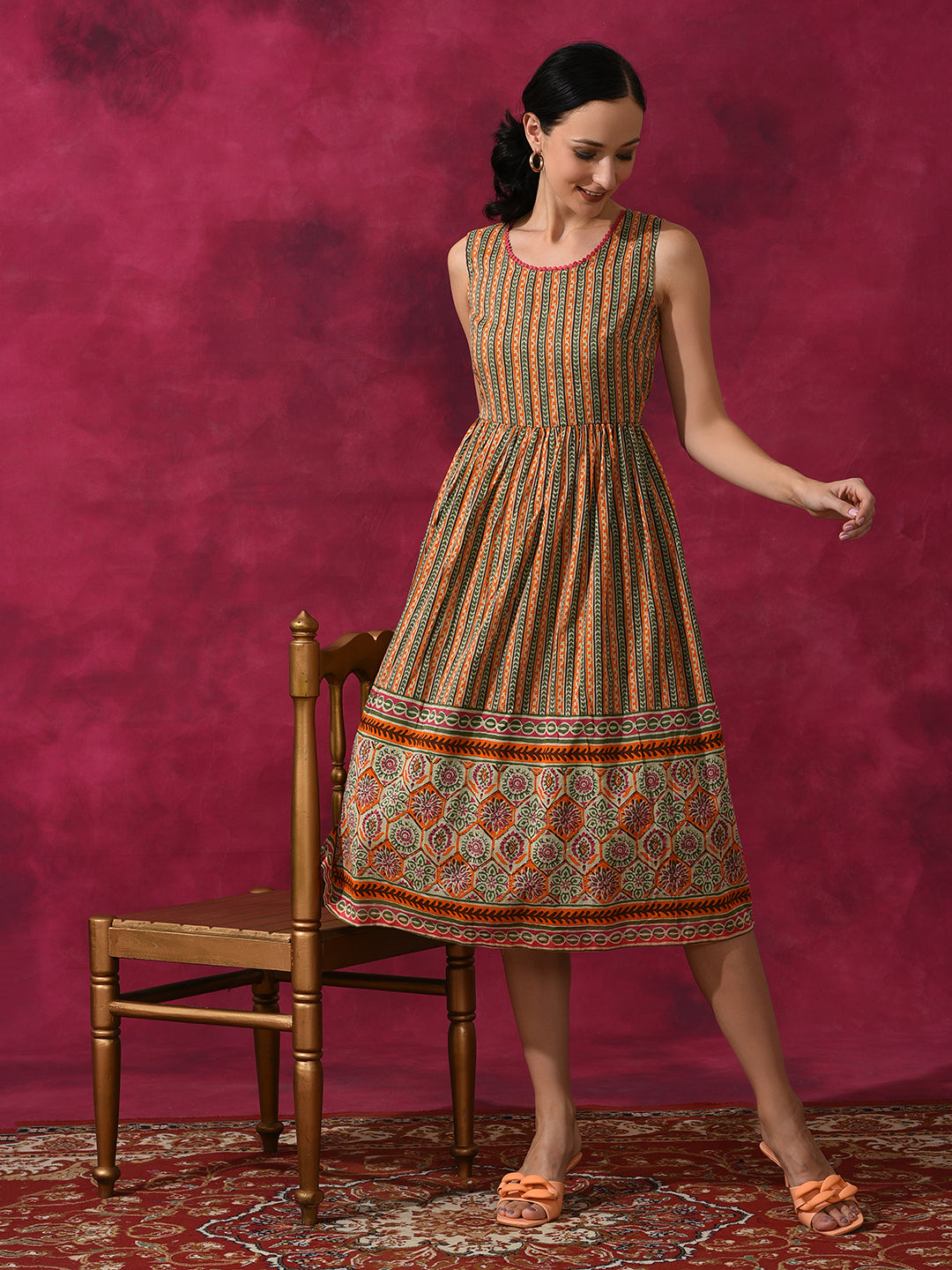 Ethnic Motif Mulmul A-line Dress - Elganza