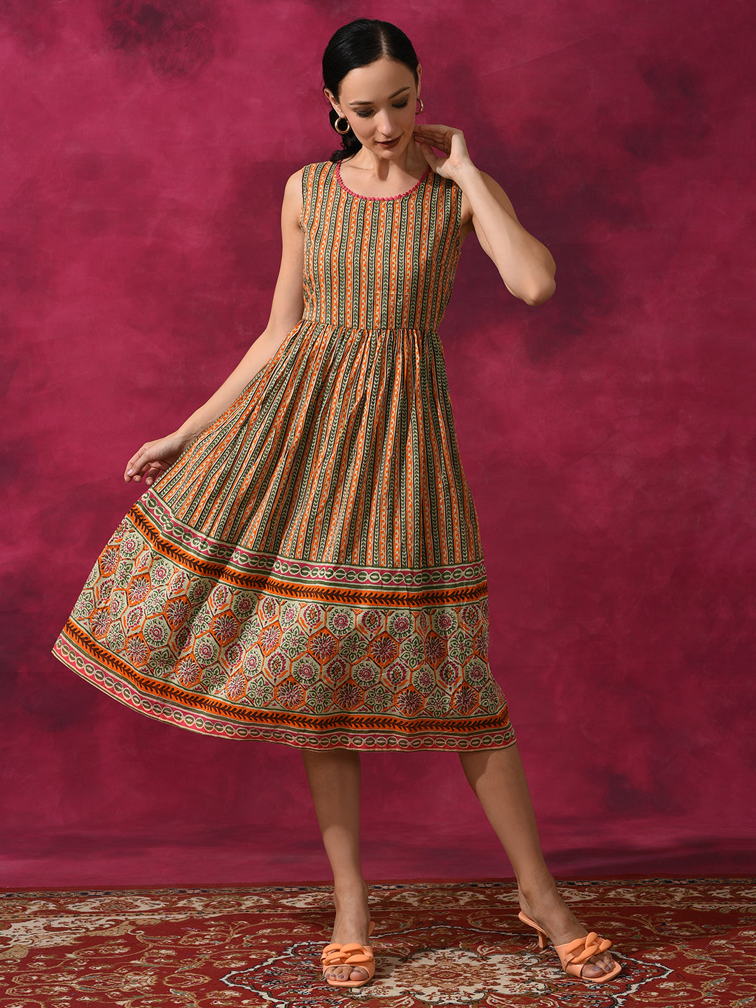 Ethnic Motif Mulmul A-line Dress - Elganza