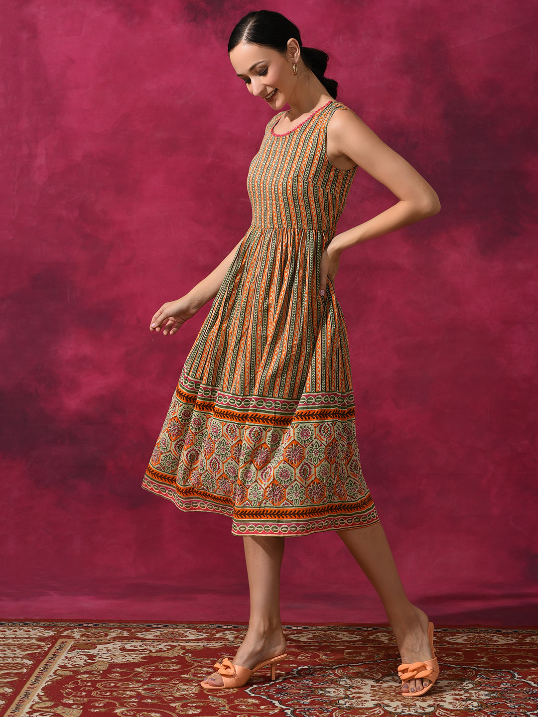 Ethnic Motif Mulmul A-line Dress - Elganza