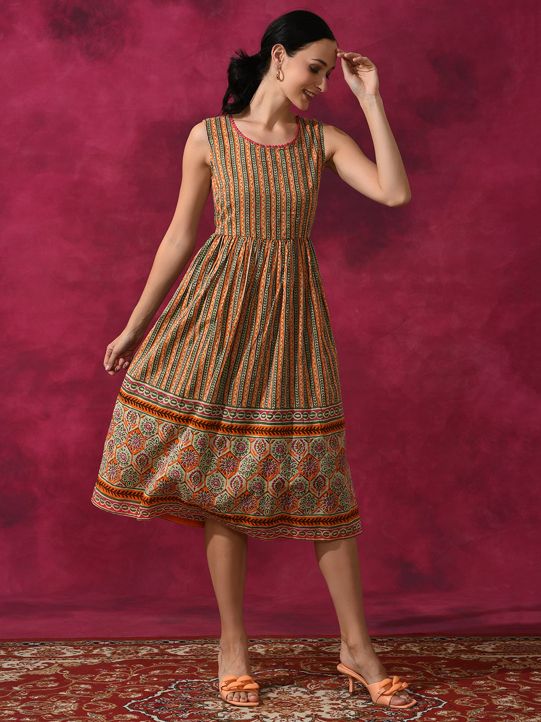 Ethnic Motif Mulmul A-line Dress - Elganza