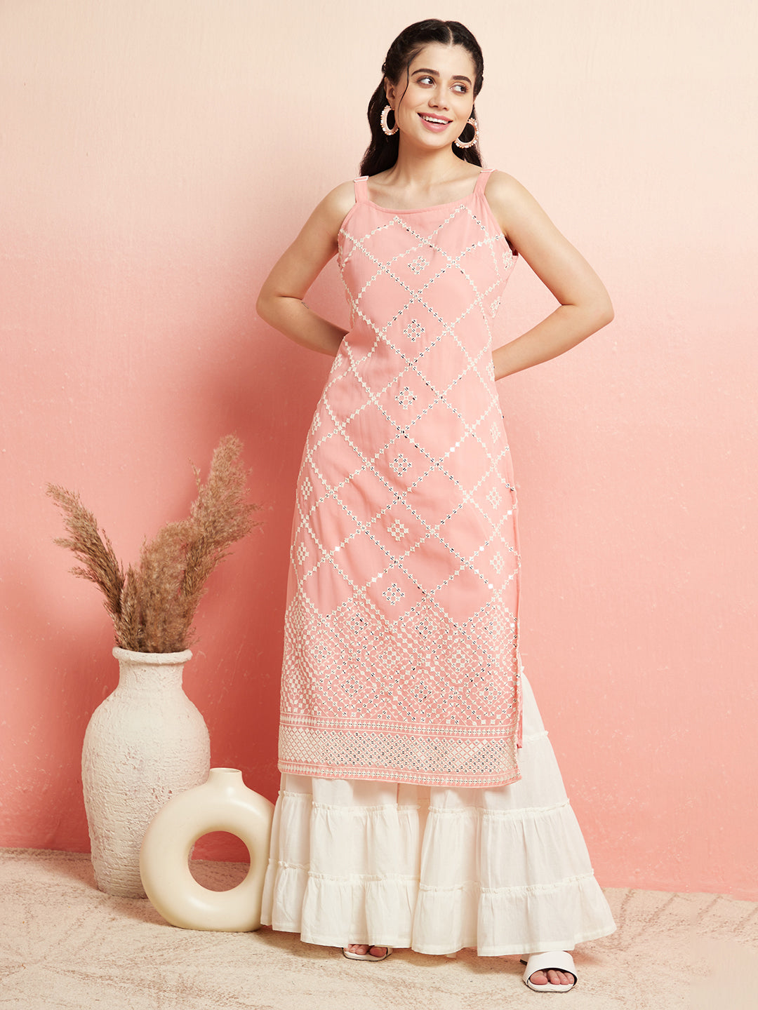 Peach Sequin Mirror Work Kurta - Elganza
