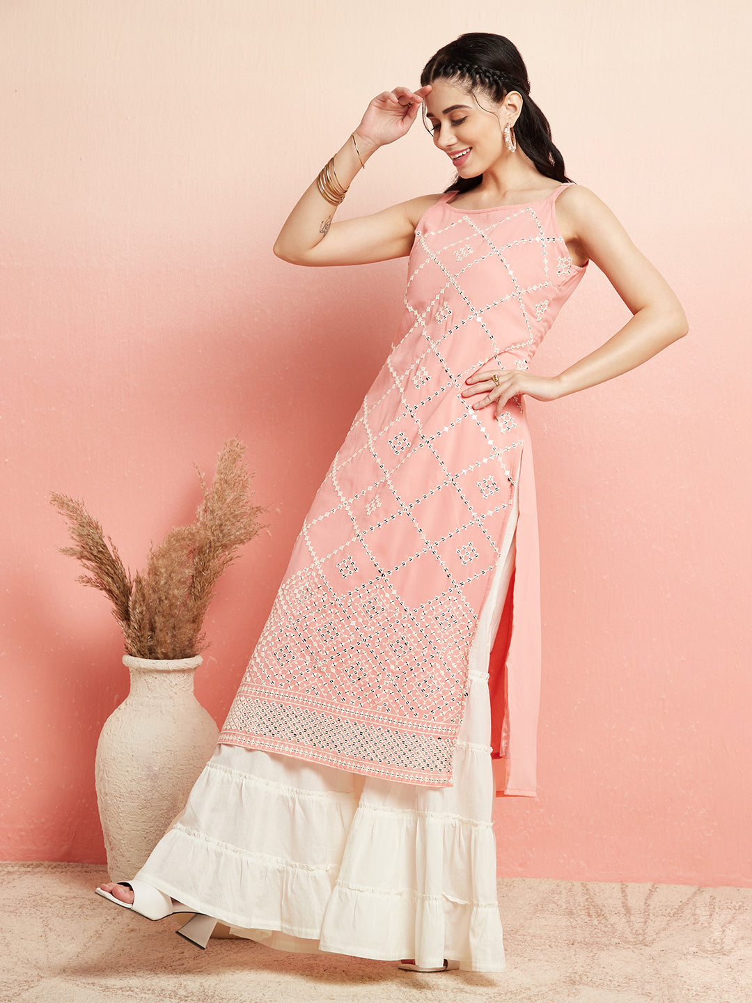 Peach Sequin Mirror Work Kurta - Elganza