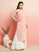 Peach Sequin Mirror Work Kurta - Elganza