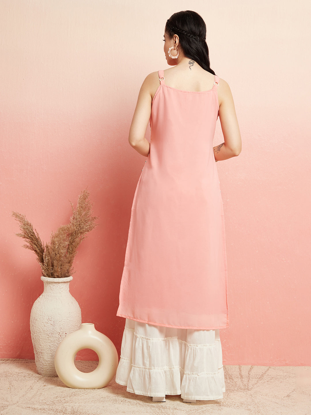 Peach Sequin Mirror Work Kurta - Elganza