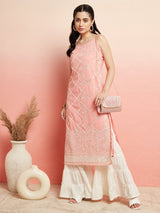 Peach Sequin Mirror Work Kurta - Elganza