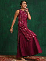 Burgundy Striped Kurta With Skirt - Elganza