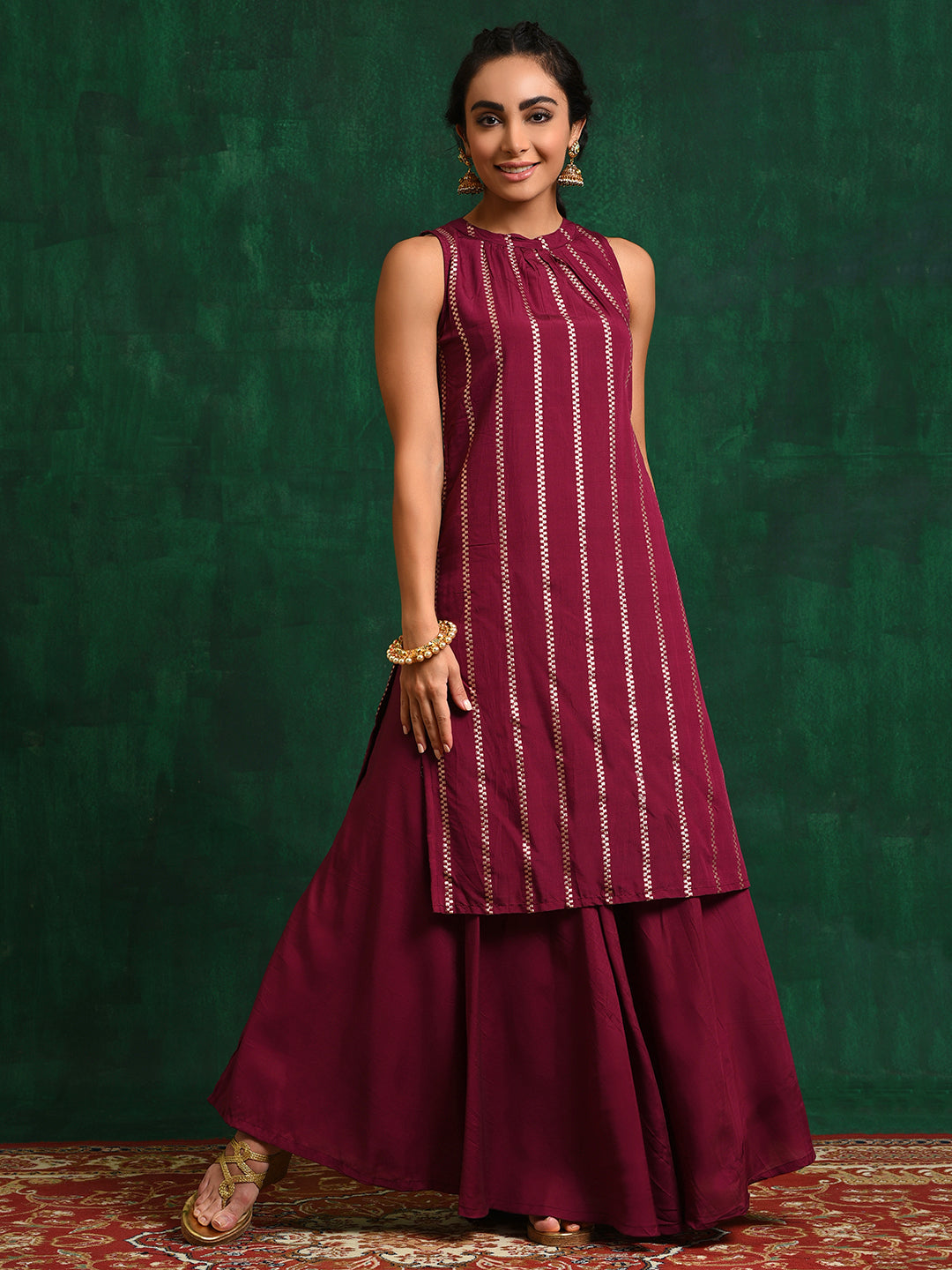 Burgundy Striped Kurta With Skirt - Elganza