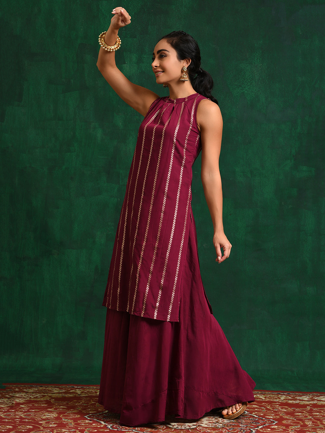 Burgundy Striped Kurta With Skirt - Elganza