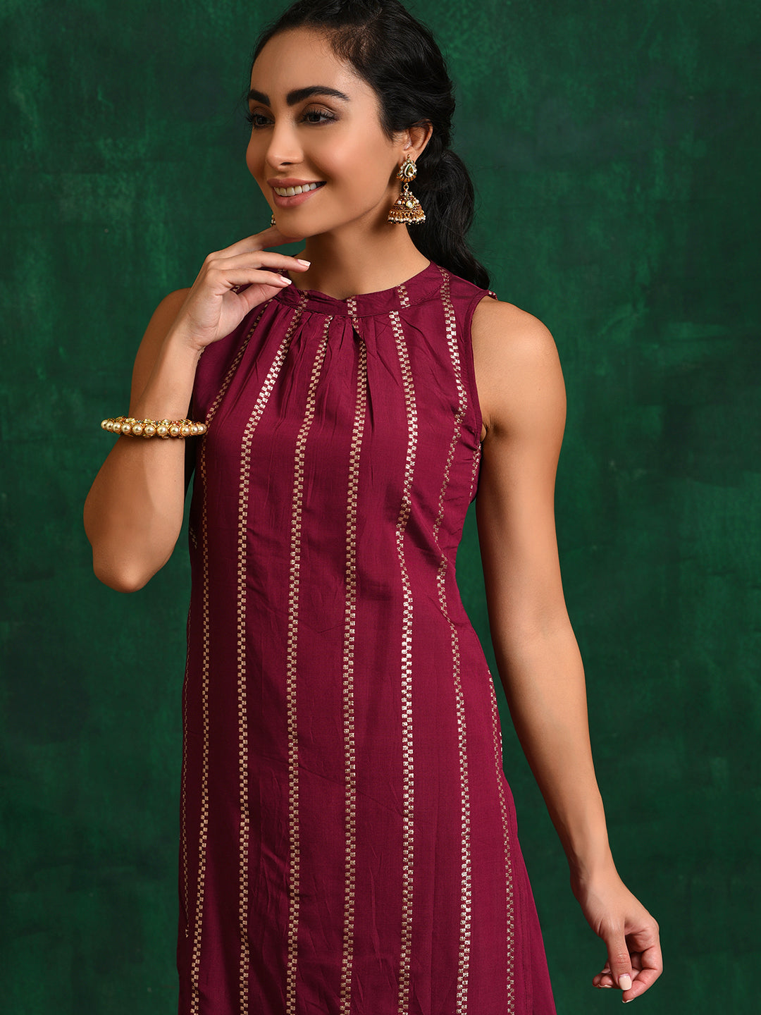 Burgundy Striped Kurta With Skirt - Elganza