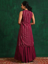 Burgundy Striped Kurta With Skirt - Elganza