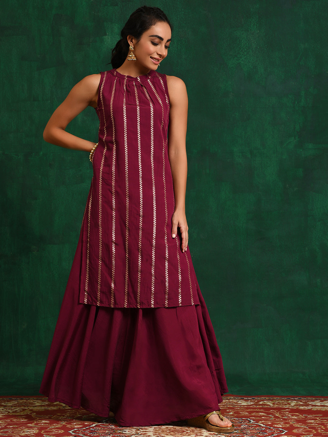 Burgundy Striped Kurta With Skirt - Elganza