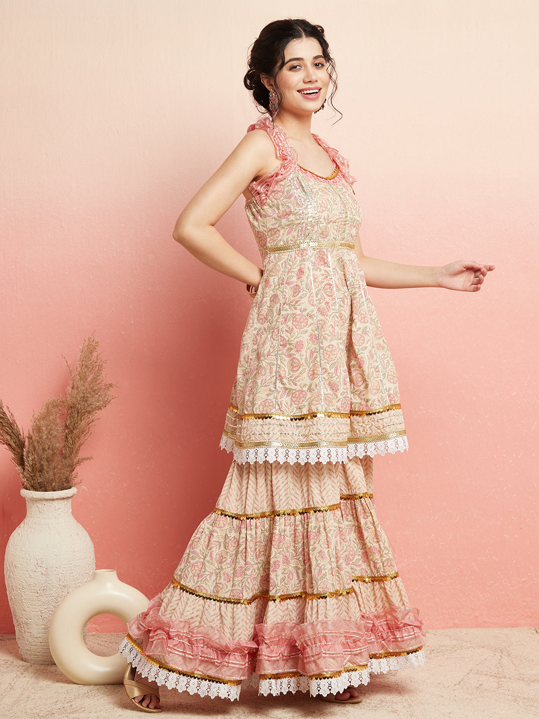 Cream & Peach Floral Print Kurta Sharara With Dupatta