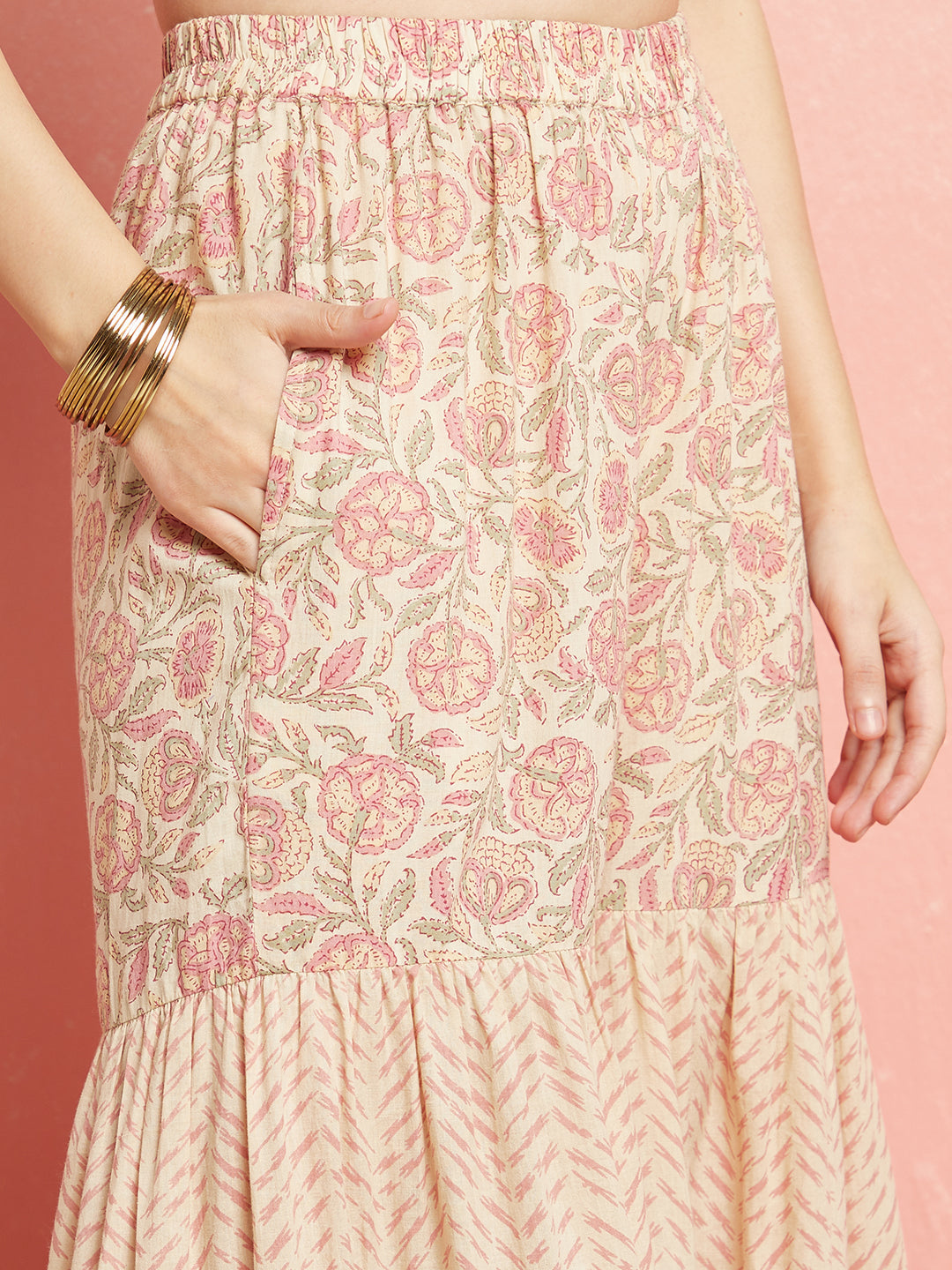 Cream & Peach Floral Print Kurta Sharara With Dupatta