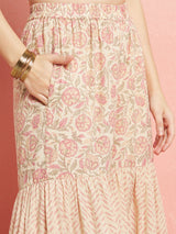 Cream & Peach Floral Print Kurta Sharara With Dupatta