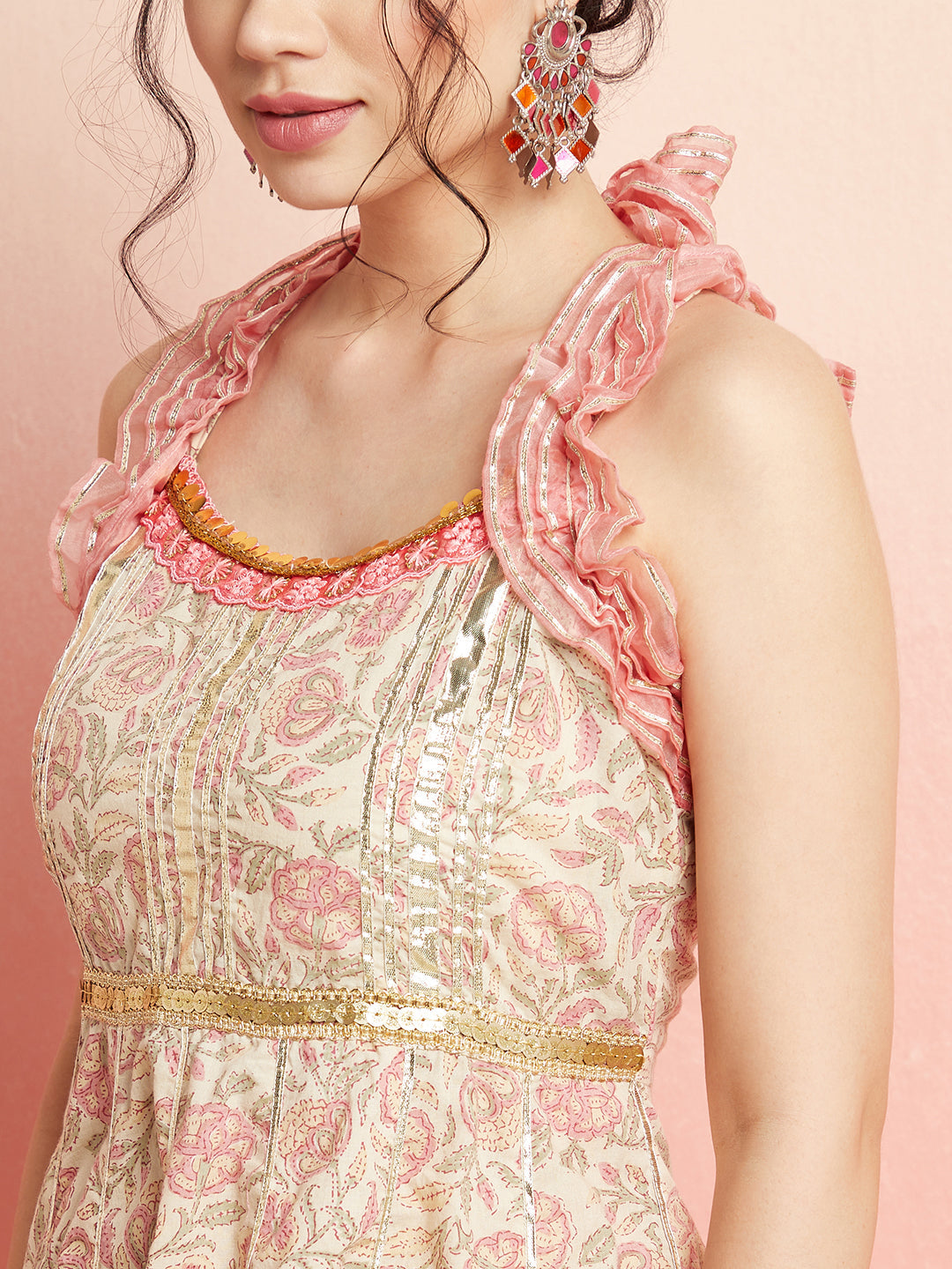 Cream & Peach Floral Print Kurta Sharara With Dupatta
